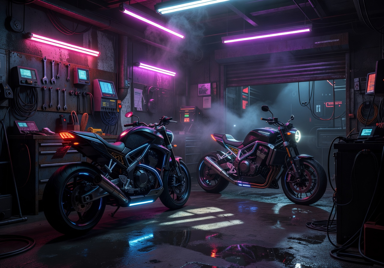 Dark neon-lit cyberpunk motorcycle garage setting